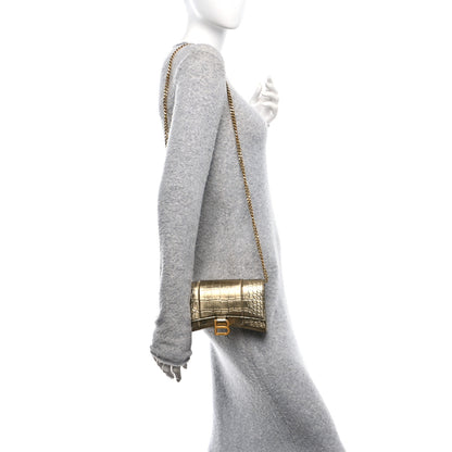 Balenciaga Metallic Calfskin Crocodile Embossed Hourglass Chain Bag Gold 2 of 12