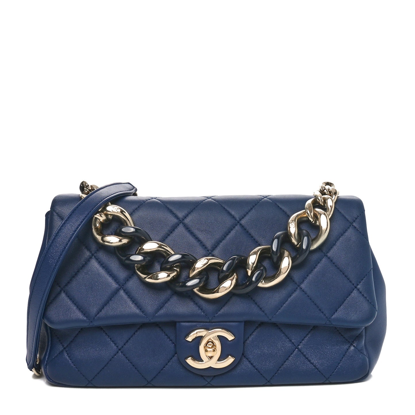 Lambskin Quilted Resin Bi-Color Chain Flap Bag Navy