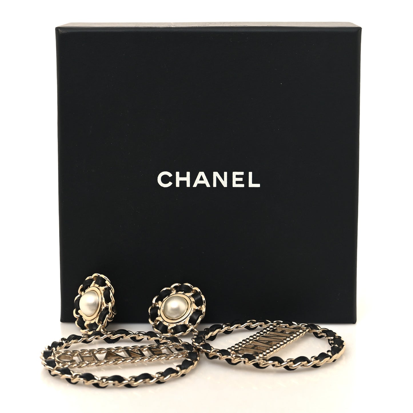 Pearl Lambskin Chain Logo Hoop Clip On Earrings Black Gold