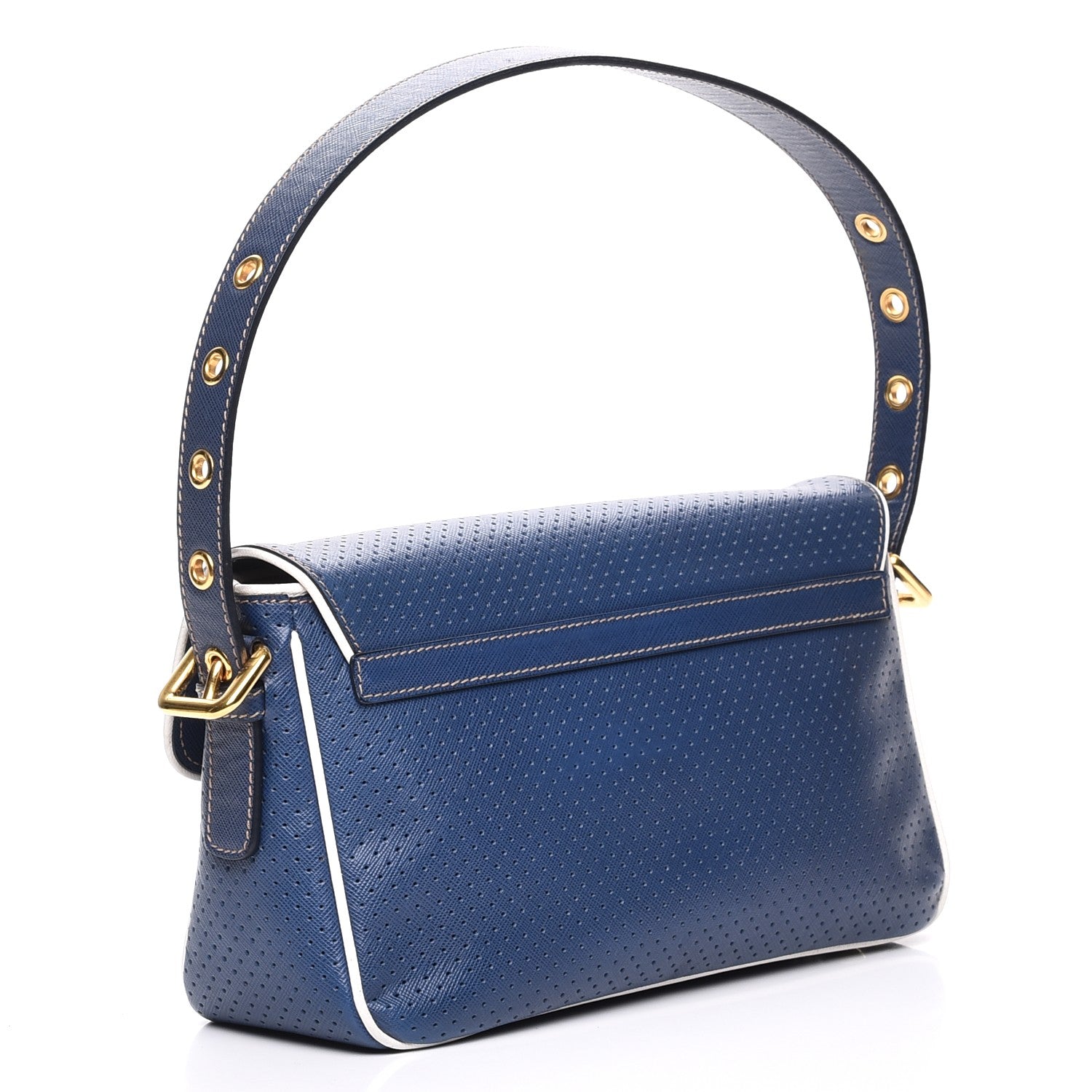 Prada Saffiano Perforated Pushlock Flap Bag Blue 3 of 7