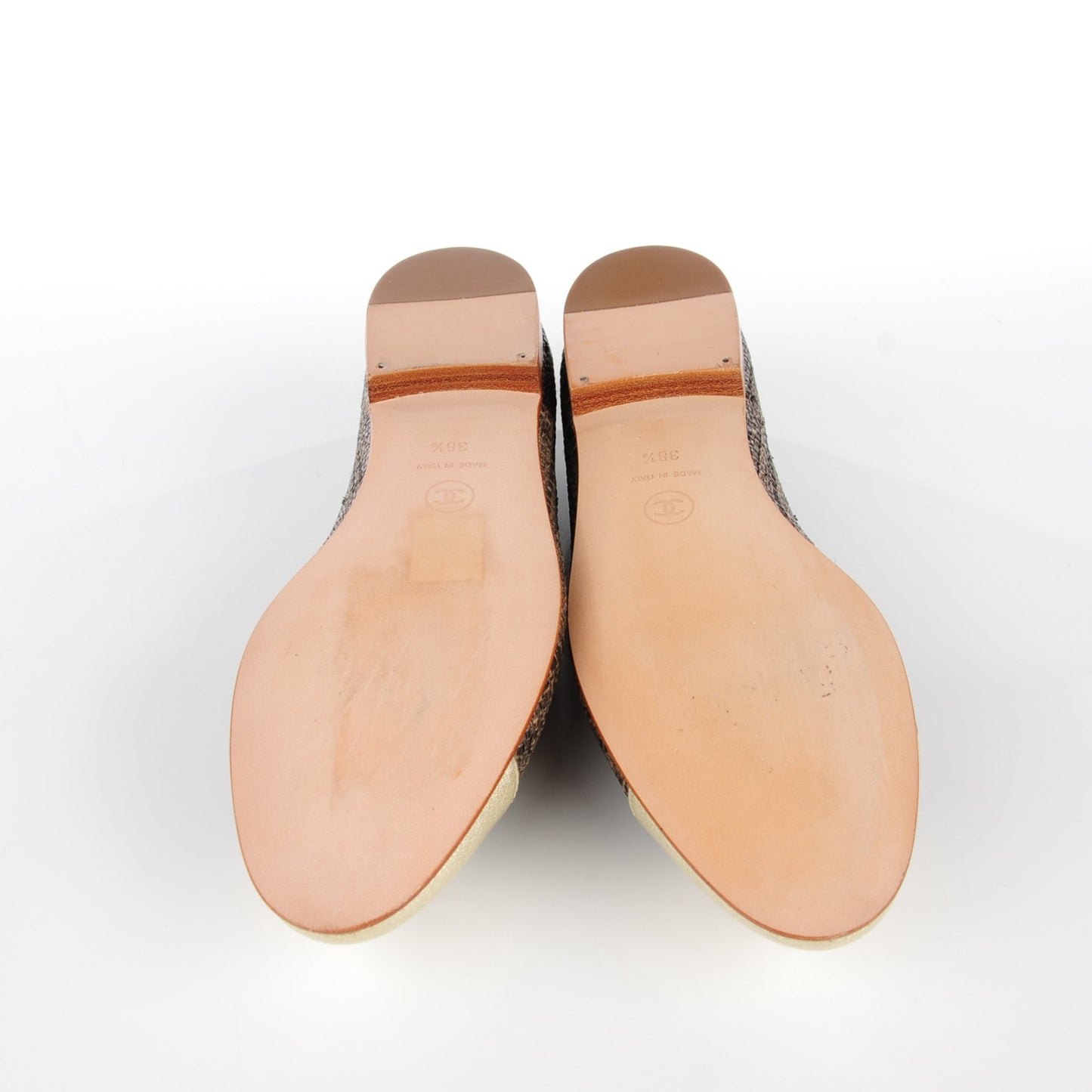 Tweed Ribbon Metallic Crackled Calfskin CC Cap Toe Ballerina Flats 38.5 Brown Gold