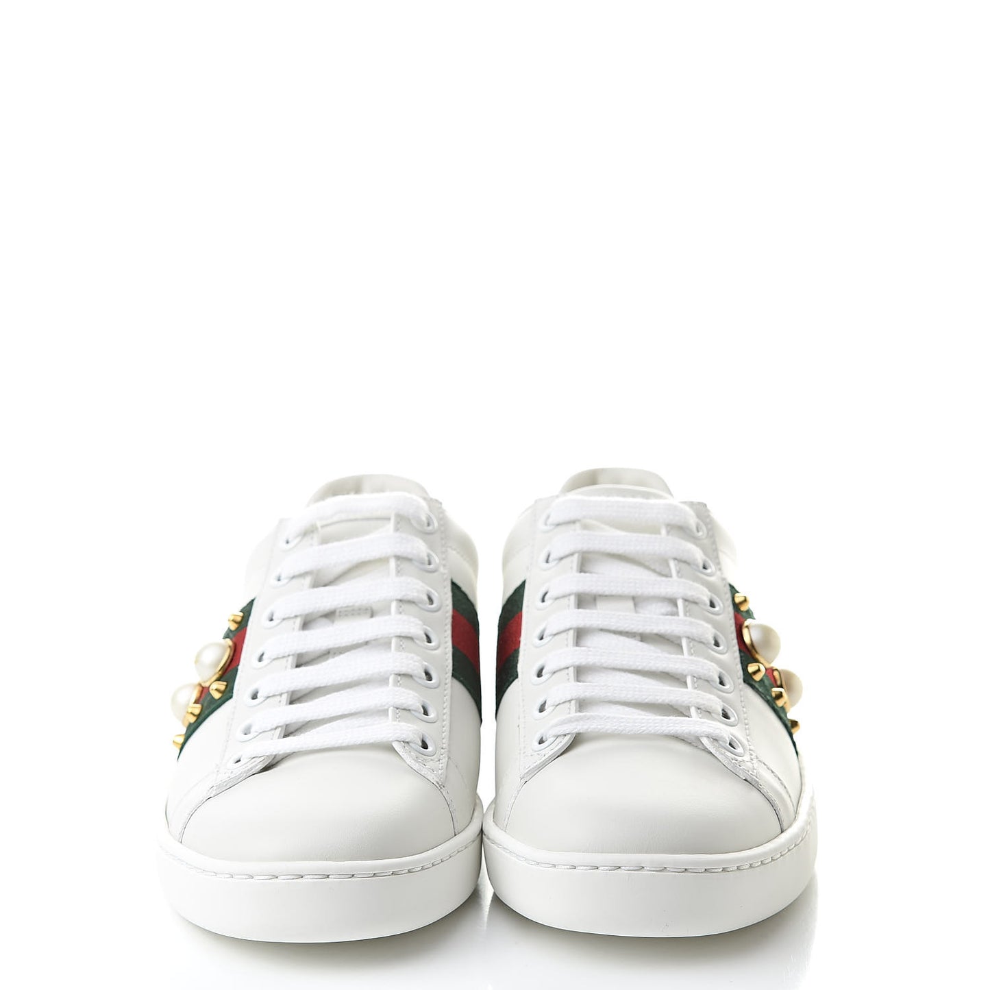Calfskin Web Pearl Studded Womens Ace Sneakers 34 White