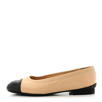 Chanel Lambskin Cap Toe CC Uniform Ballerina Flats 38 Beige Black 1 of 13