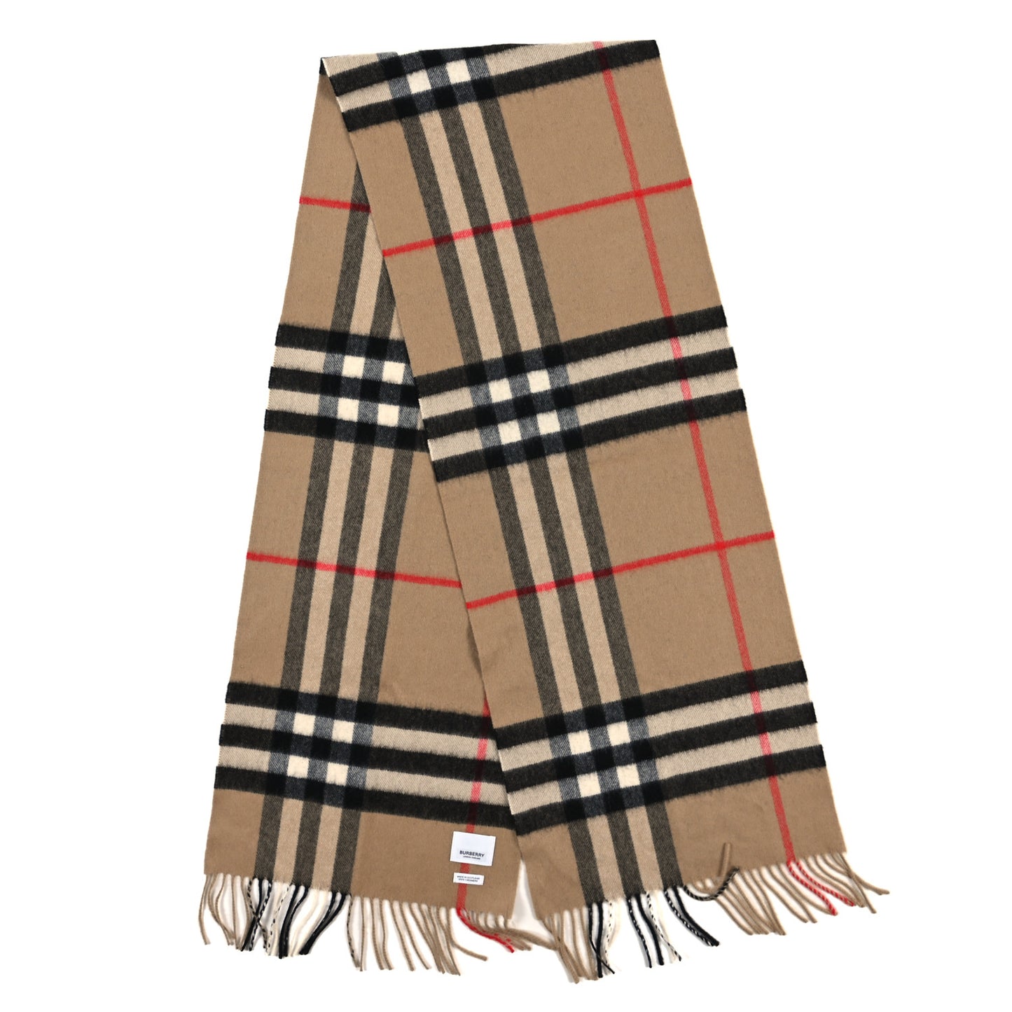 Cashmere Giant Check Fringe Scarf Camel