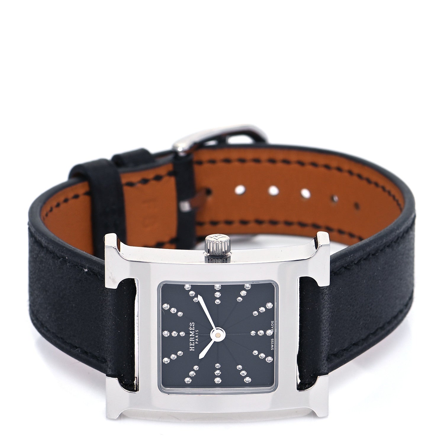 Hermes Stainless Steel Barenia Diamond 21mm Heure H Hour Quartz Watch Noir 2 of 5