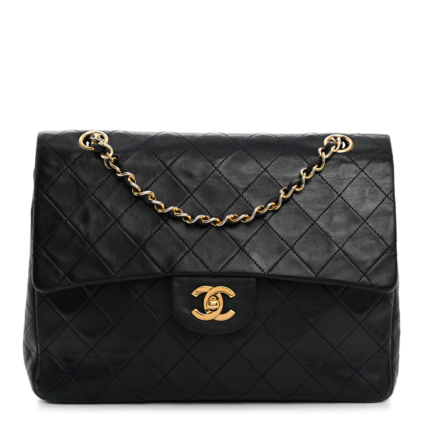 Lambskin Quilted Medium Double Flap Navy