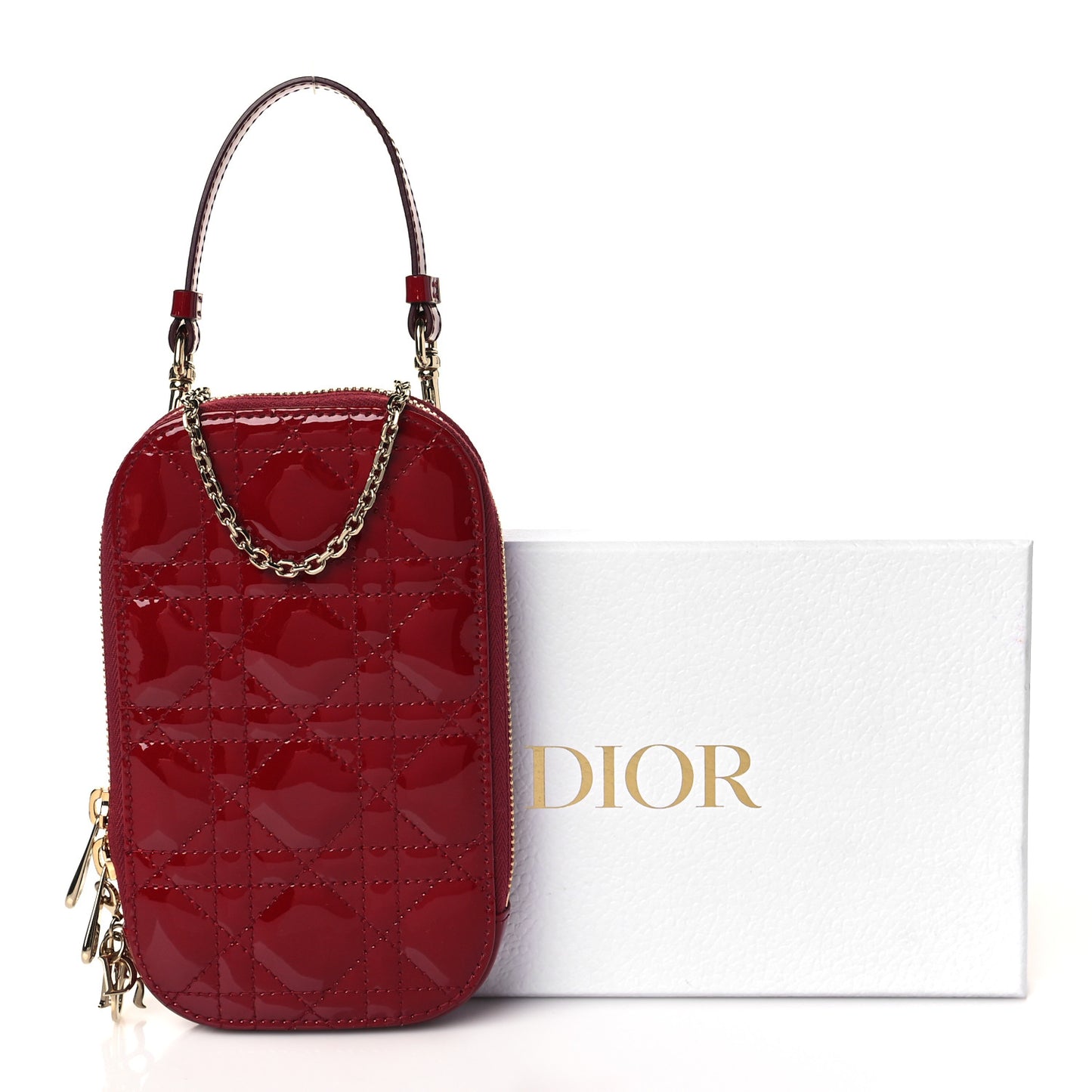 Patent Cannage Lady Dior Phone Holder Red