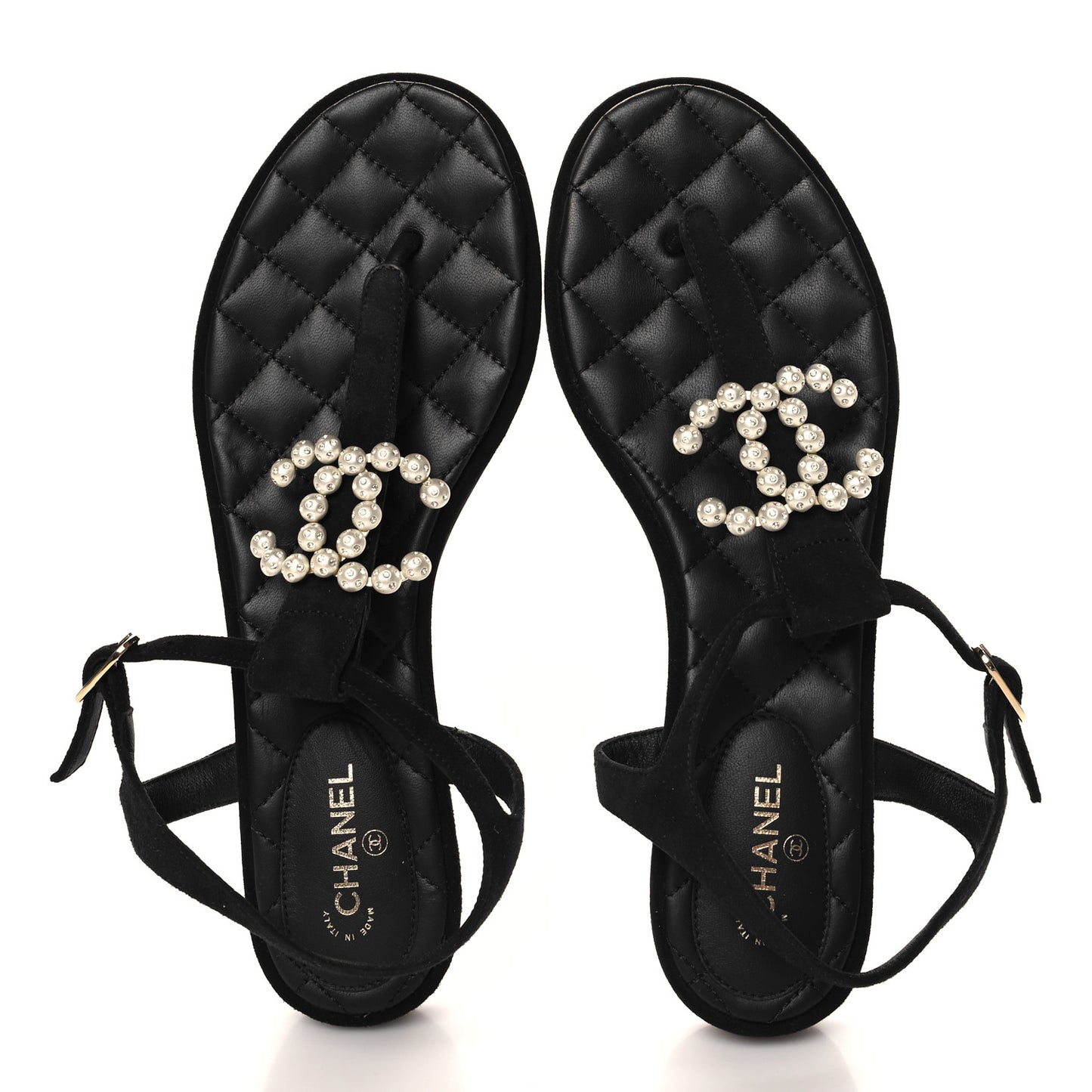 Suede Pearl Crystal CC Thong Sandals 40 Black
