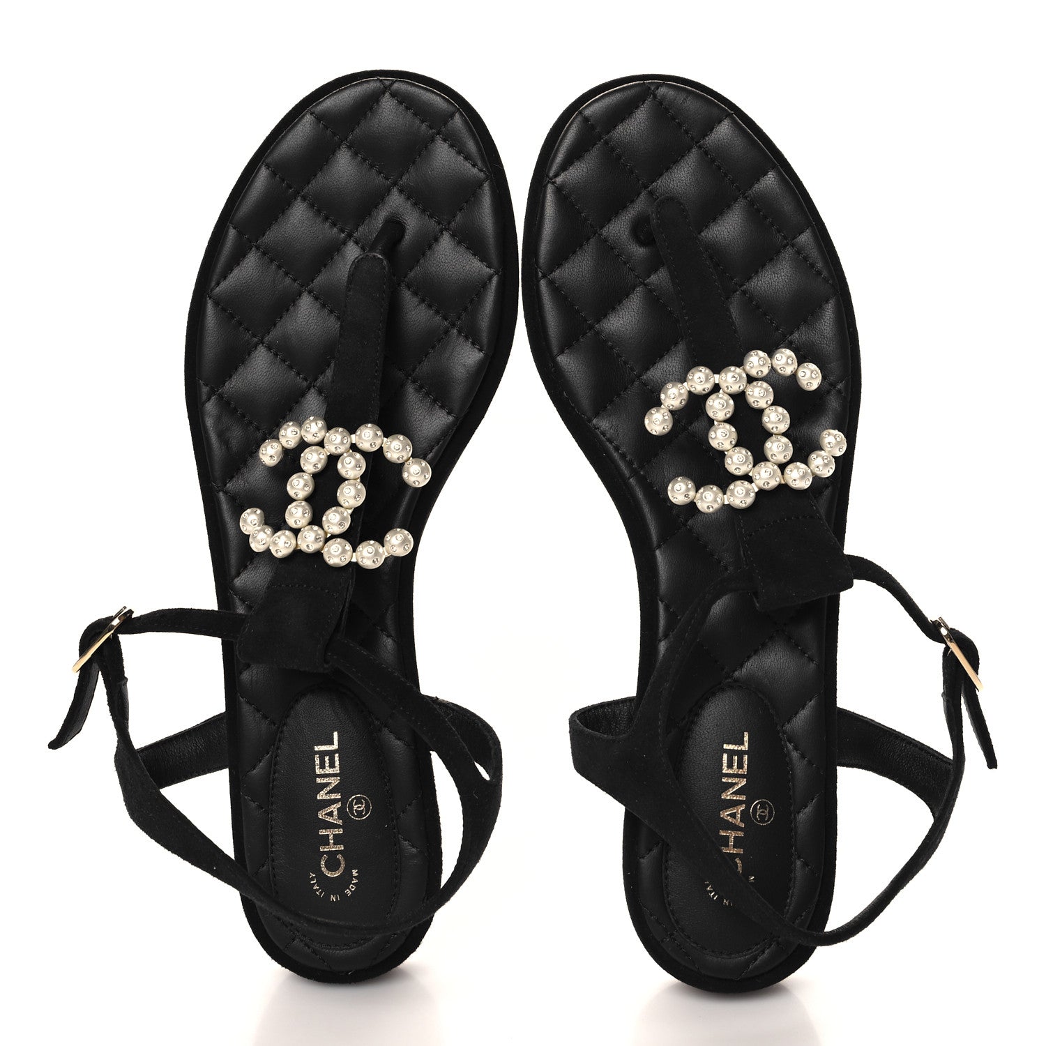 Chanel Suede Pearl Crystal CC Thong Sandals 40 Black 2 of 9