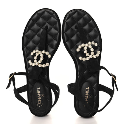 Chanel Suede Pearl Crystal CC Thong Sandals 40 Black 2 of 9