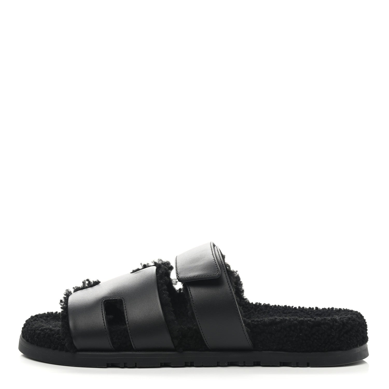 Hermes Calfskin Woolskin Mens Chypre Sandals 43 Black 1 of 8