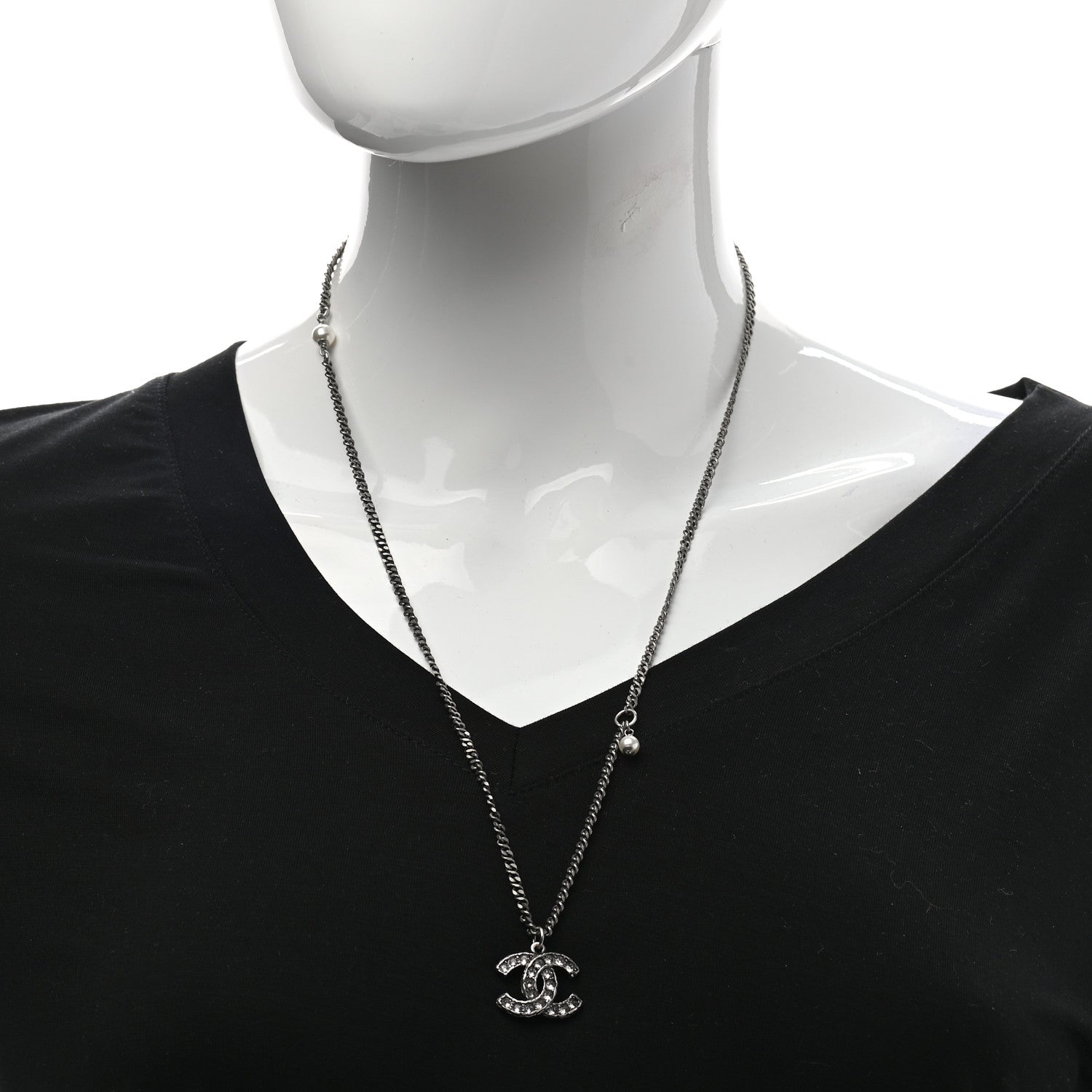 Chanel Pearl Crystal CC Pendant Necklace Silver 2 of 5