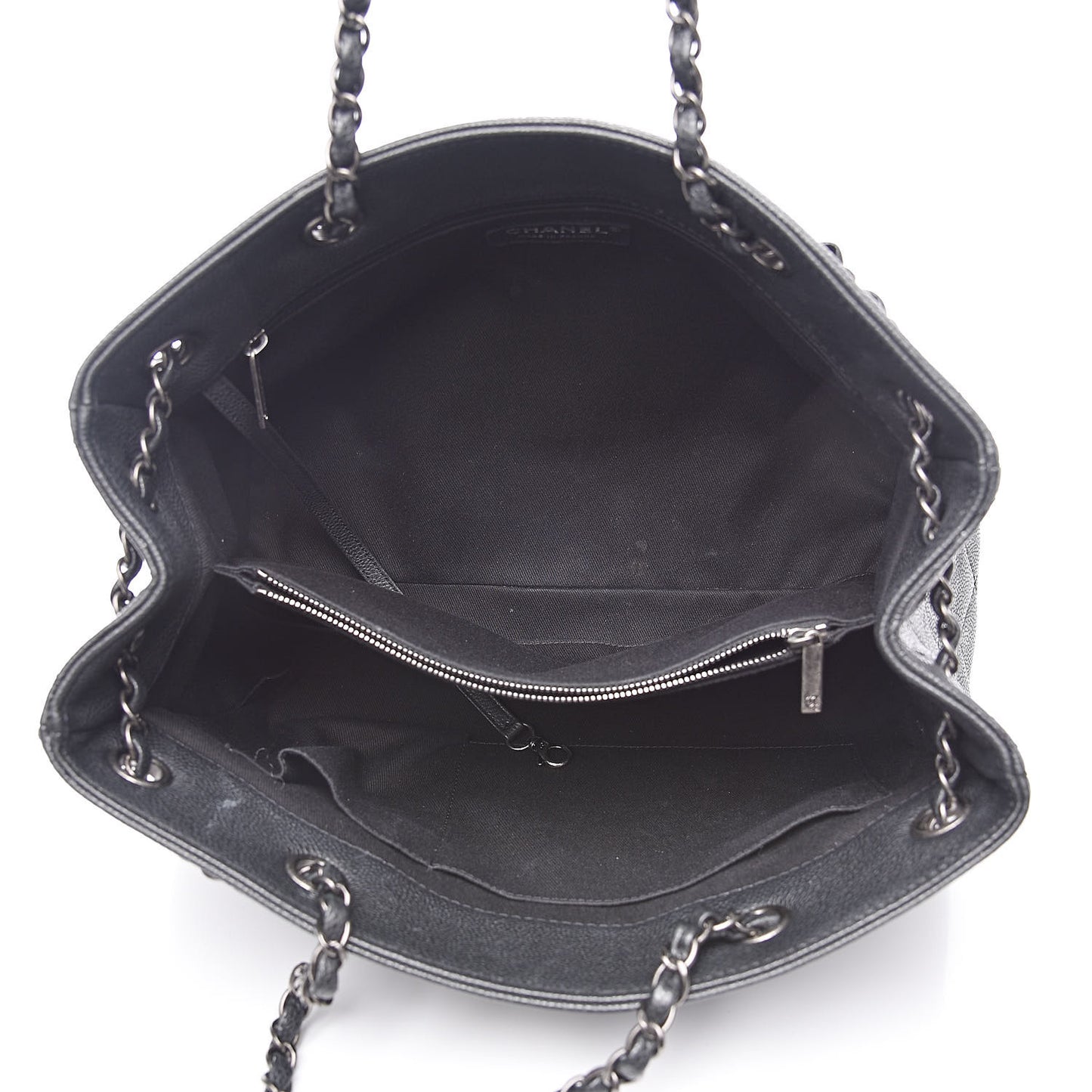 Metallic Grained Calfskin Medium Woven Chain Shopping Tote Black