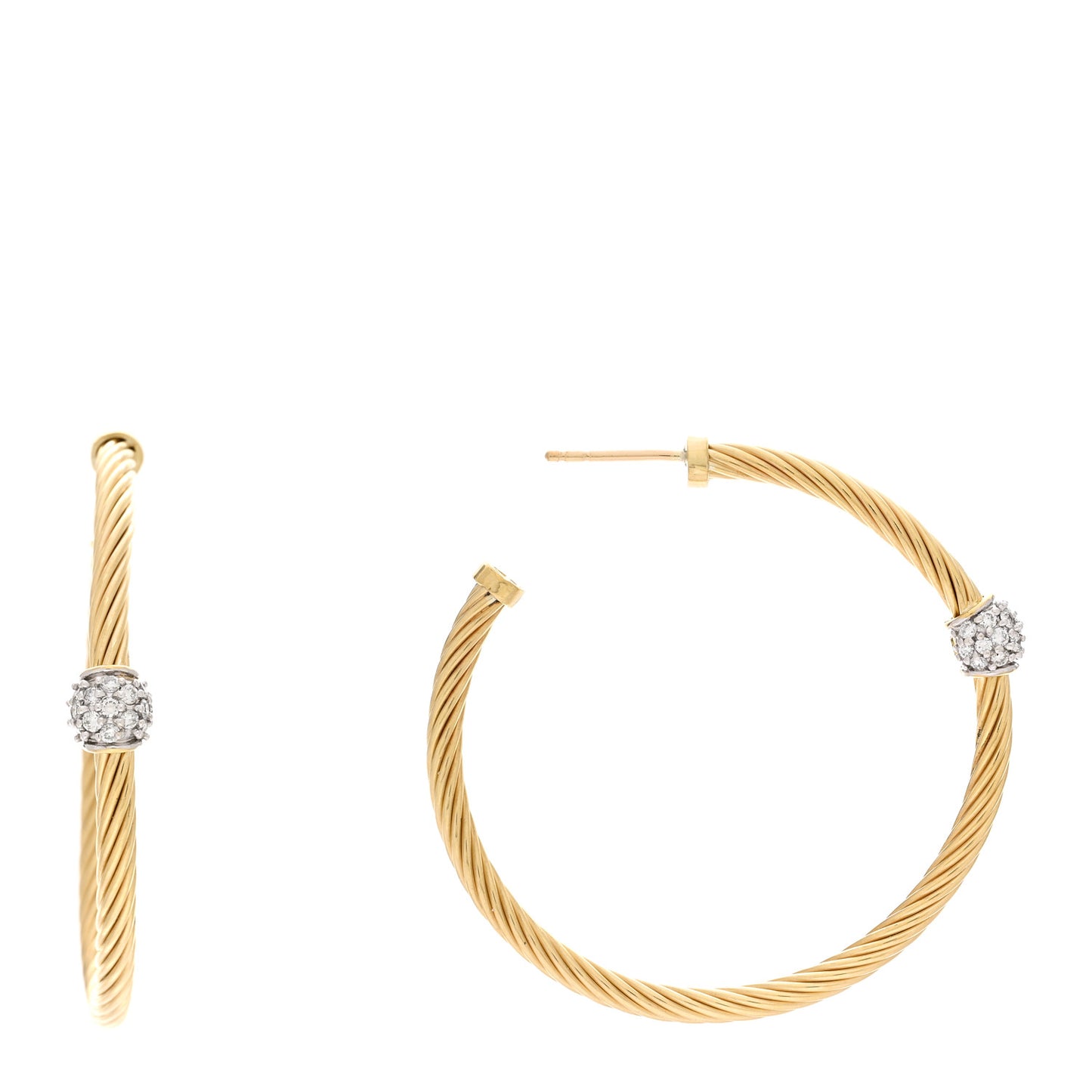 18K Yellow Gold Diamond Cable Station Hoop Earrings