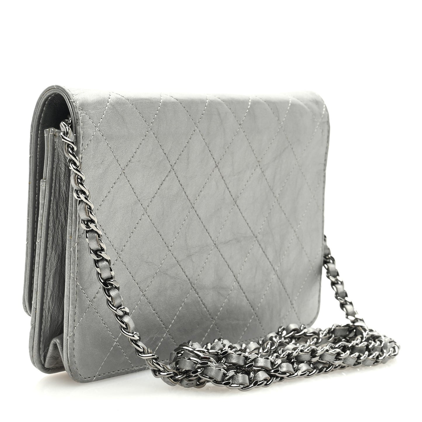 Metallic Aged Calfskin Quilted Wallet on Chain WOC Silver