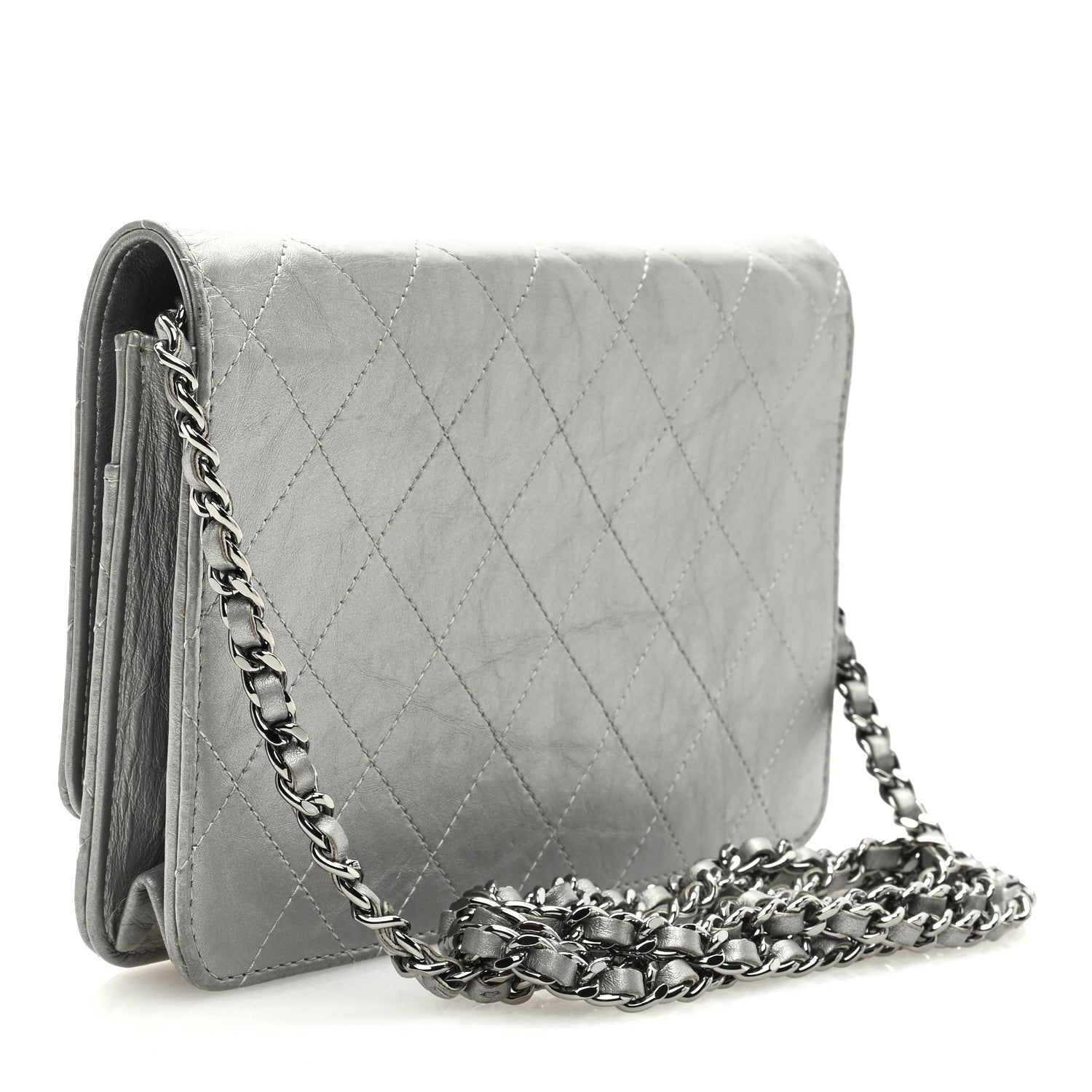Chanel Metallic Aged Calfskin Quilted Wallet on Chain WOC Silver 3 of 9