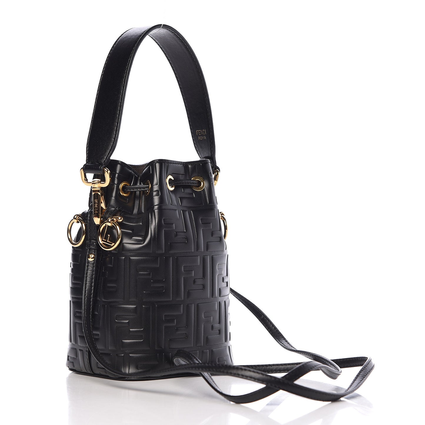 Vitello Liberty F is Fendi FF 1974 Embossed Mini Mon Tresor Bucket Bag Black