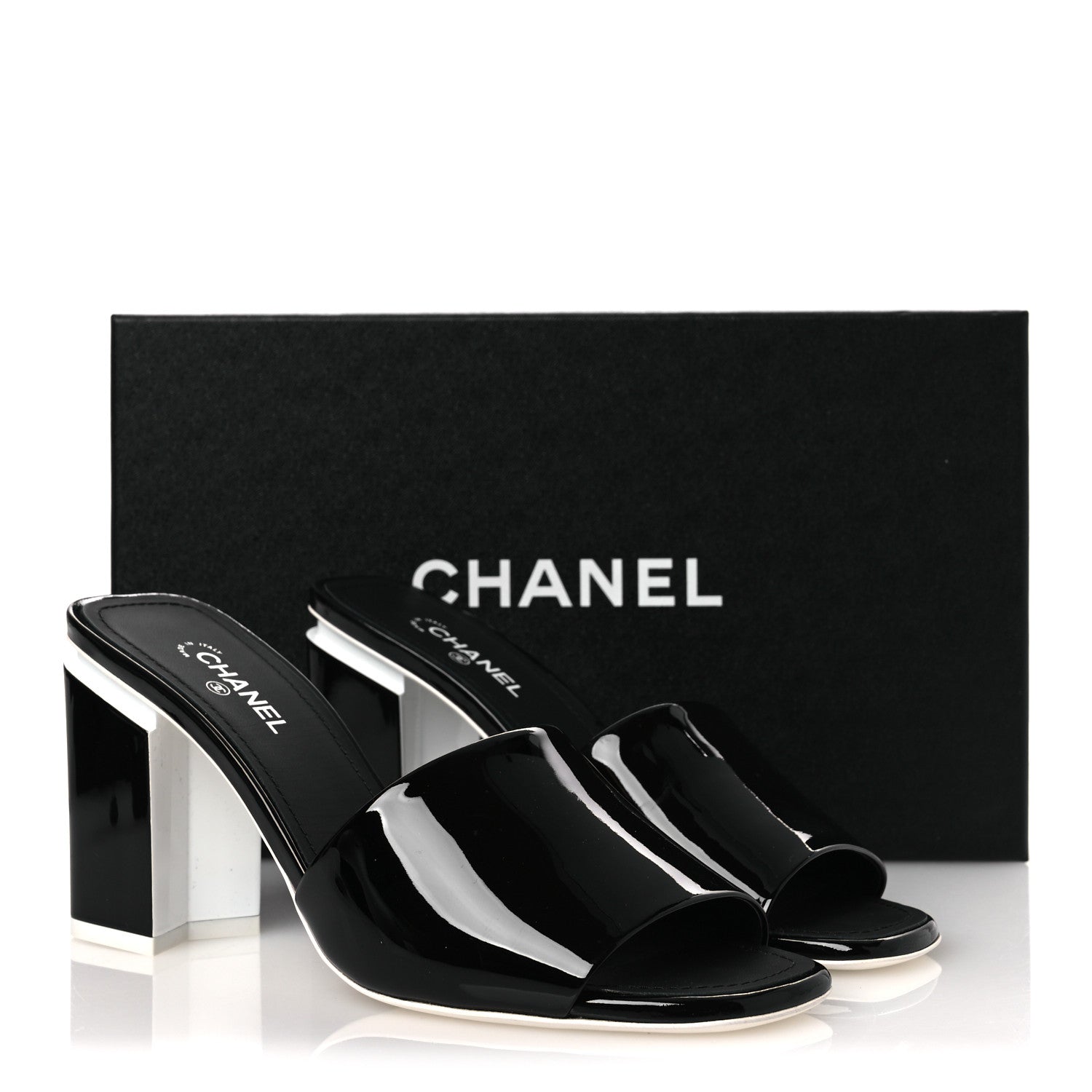 Chanel Patent Calfskin CC Mules 37.5 Black White 1853628