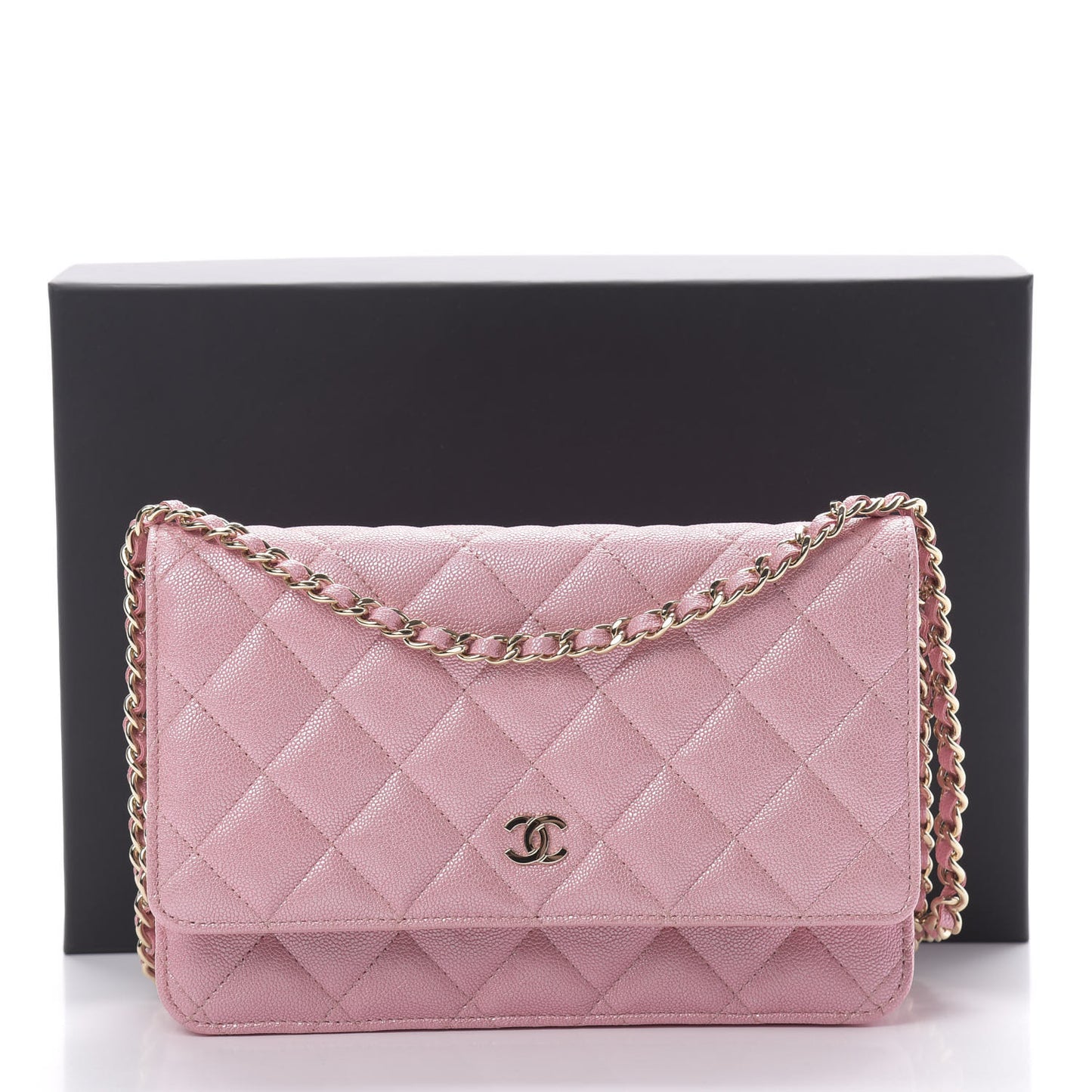 Iridescent Caviar Quilted Wallet on Chain WOC Pink