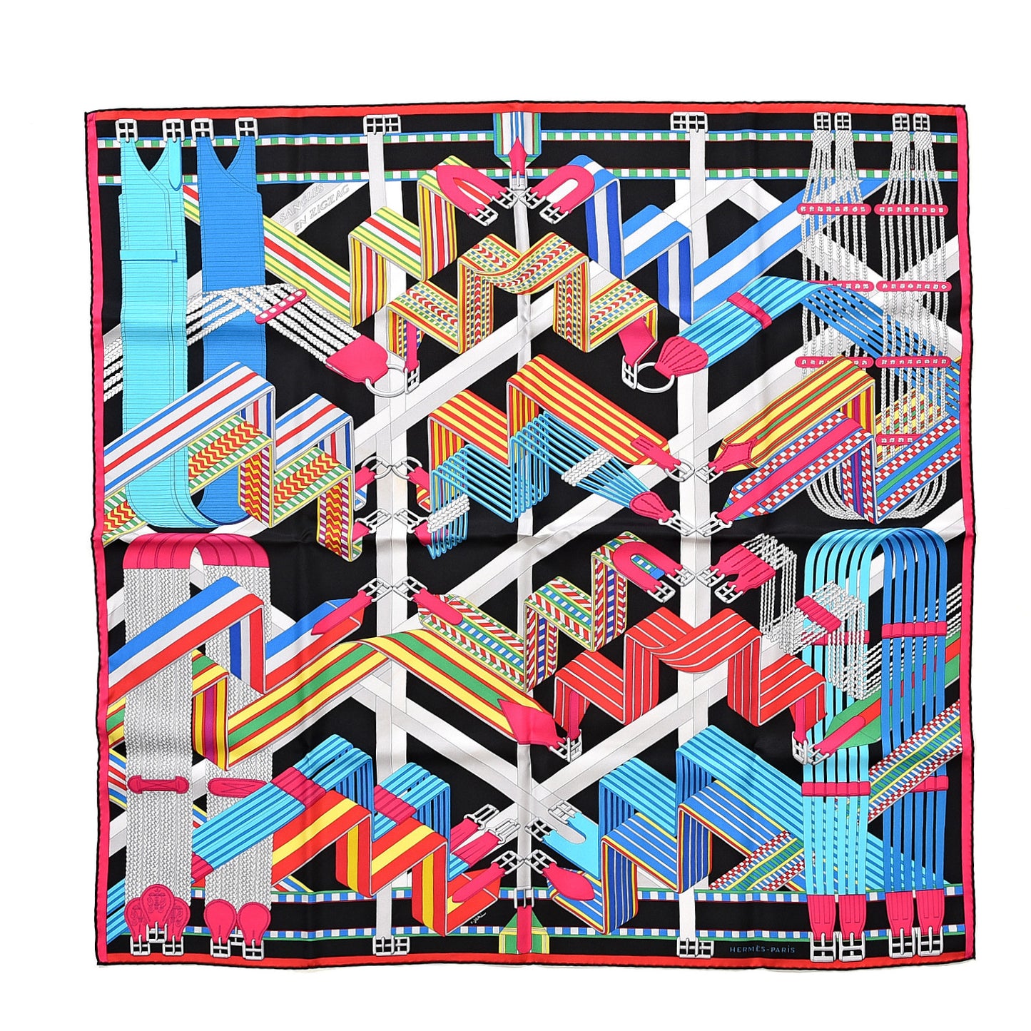 Silk Sangles En Zigzag Scarf 90 Blanc Turquoise Fuchsia