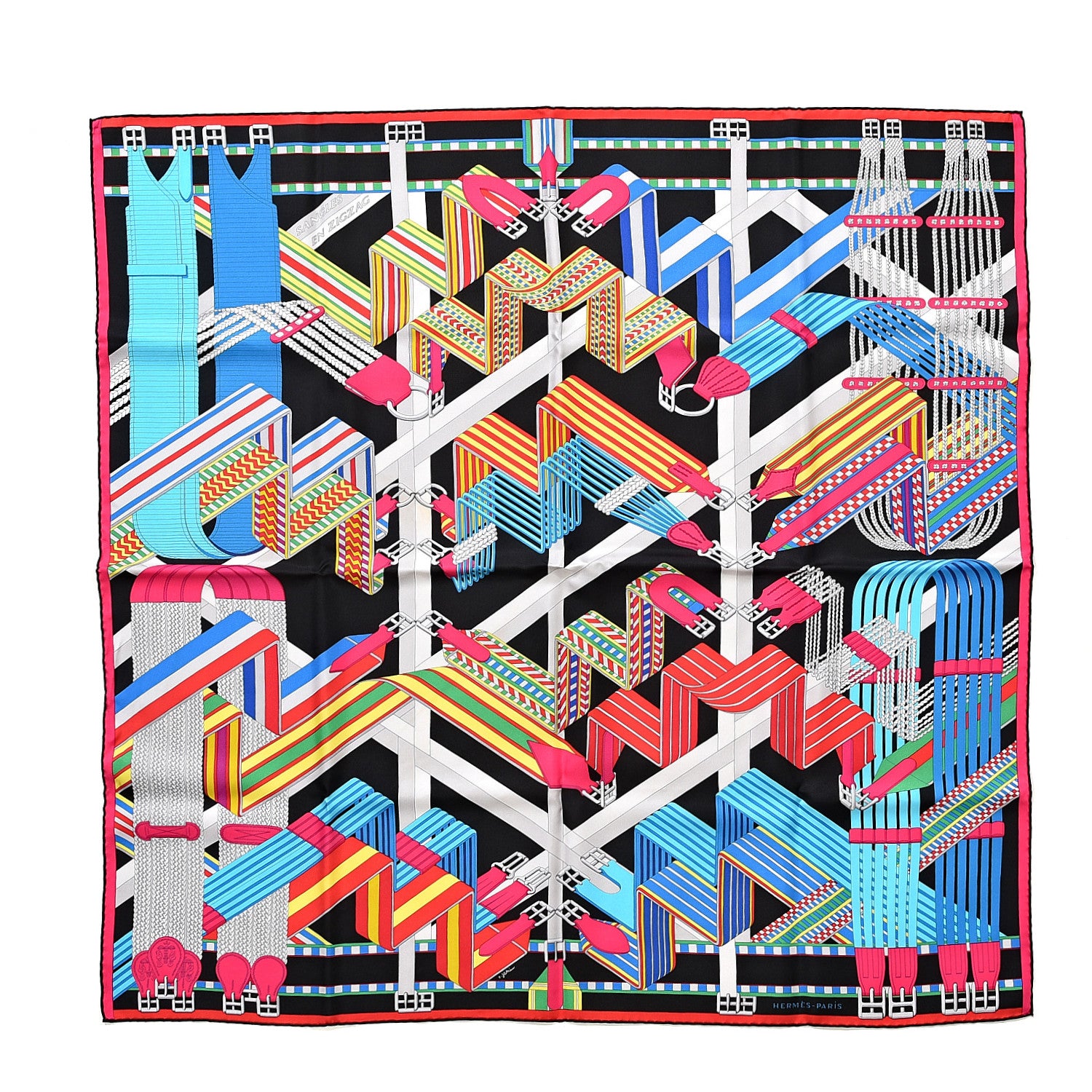 Hermes Silk Sangles En Zigzag Scarf 90 Blanc Turquoise Fuchsia 1 of 6