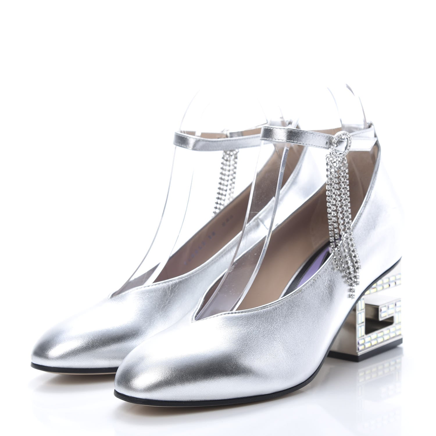 Gucci Metallic Nappa Crystal Square G Mid Heel Pumps 38 Silver 3 of 11