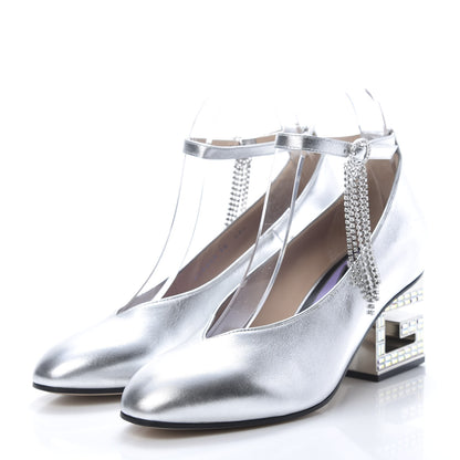 Gucci Metallic Nappa Crystal Square G Mid Heel Pumps 38 Silver 3 of 11