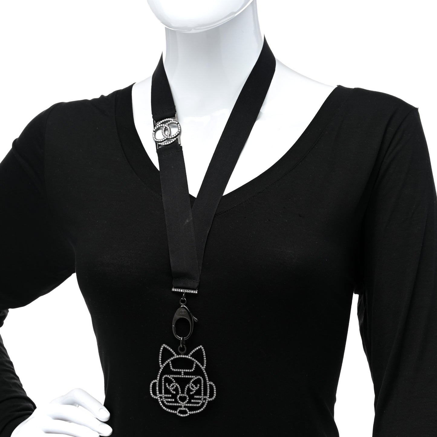 Crystal CC Emoji Robot Cat Lanyard Necklace Black Silver