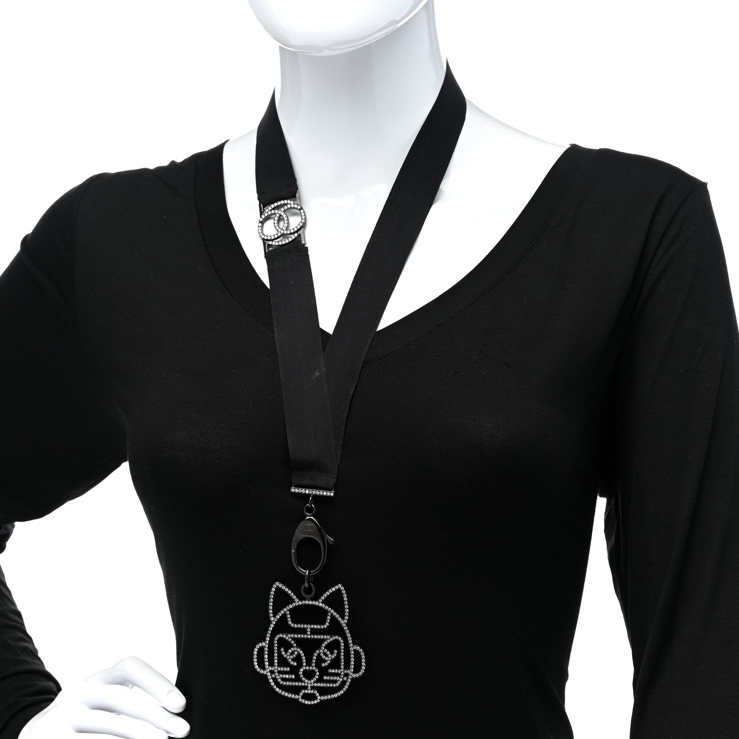Chanel Crystal CC Emoji Robot Cat Lanyard Necklace Black Silver 2 of 5