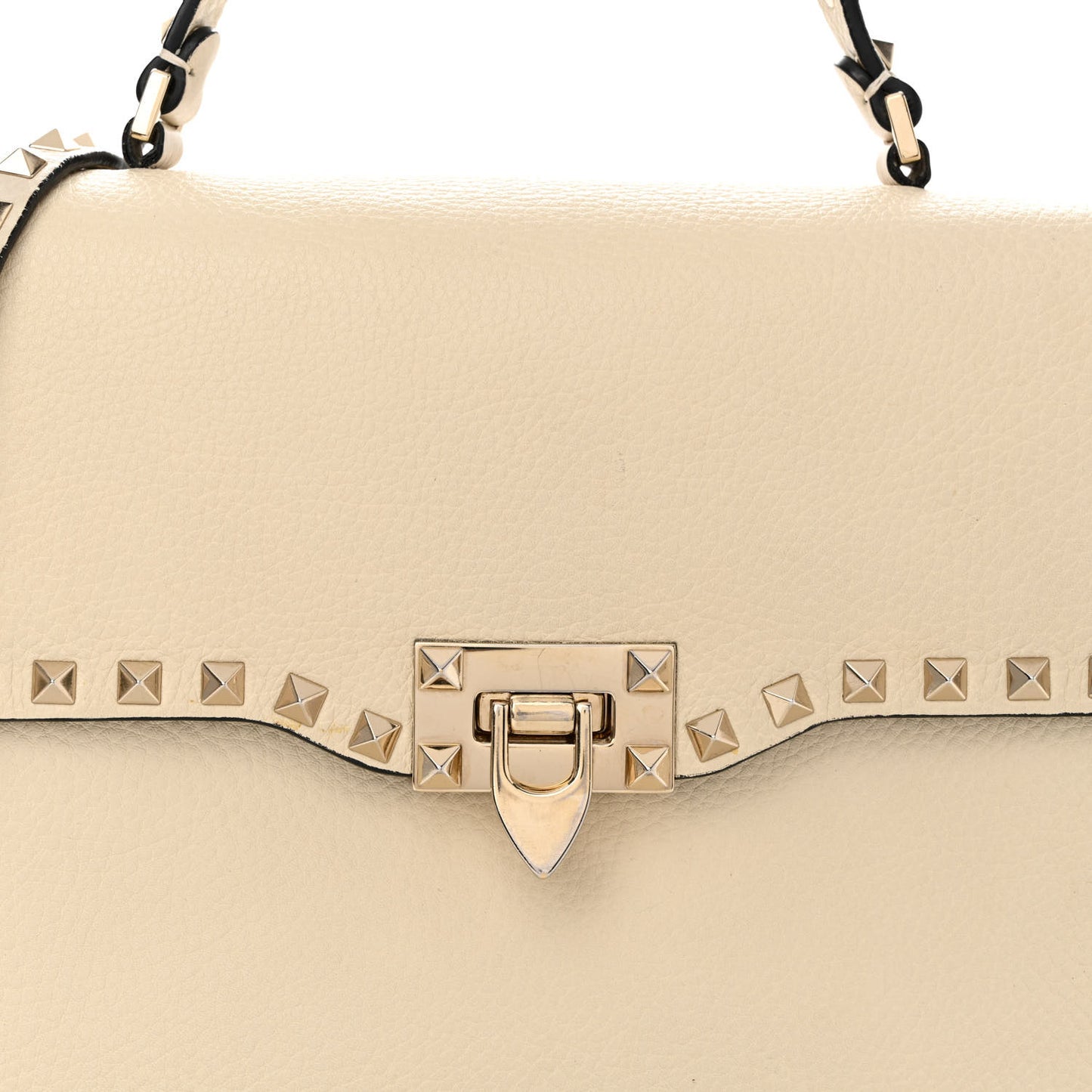 Grained Calfskin Rockstud Top Handle Flap Shoulder Bag Light Ivory