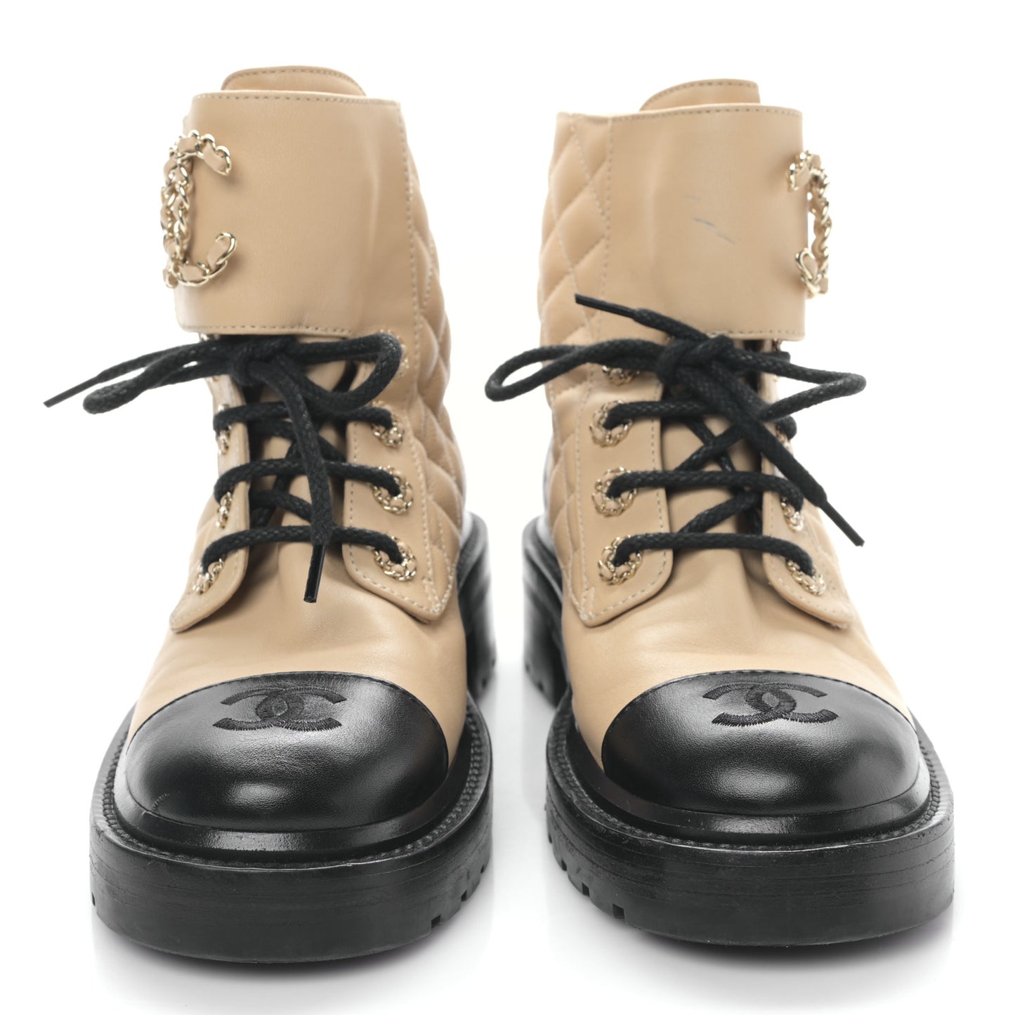 Lambskin Calfskin Quilted Lace Up Combat Boots 35.5 Beige Black