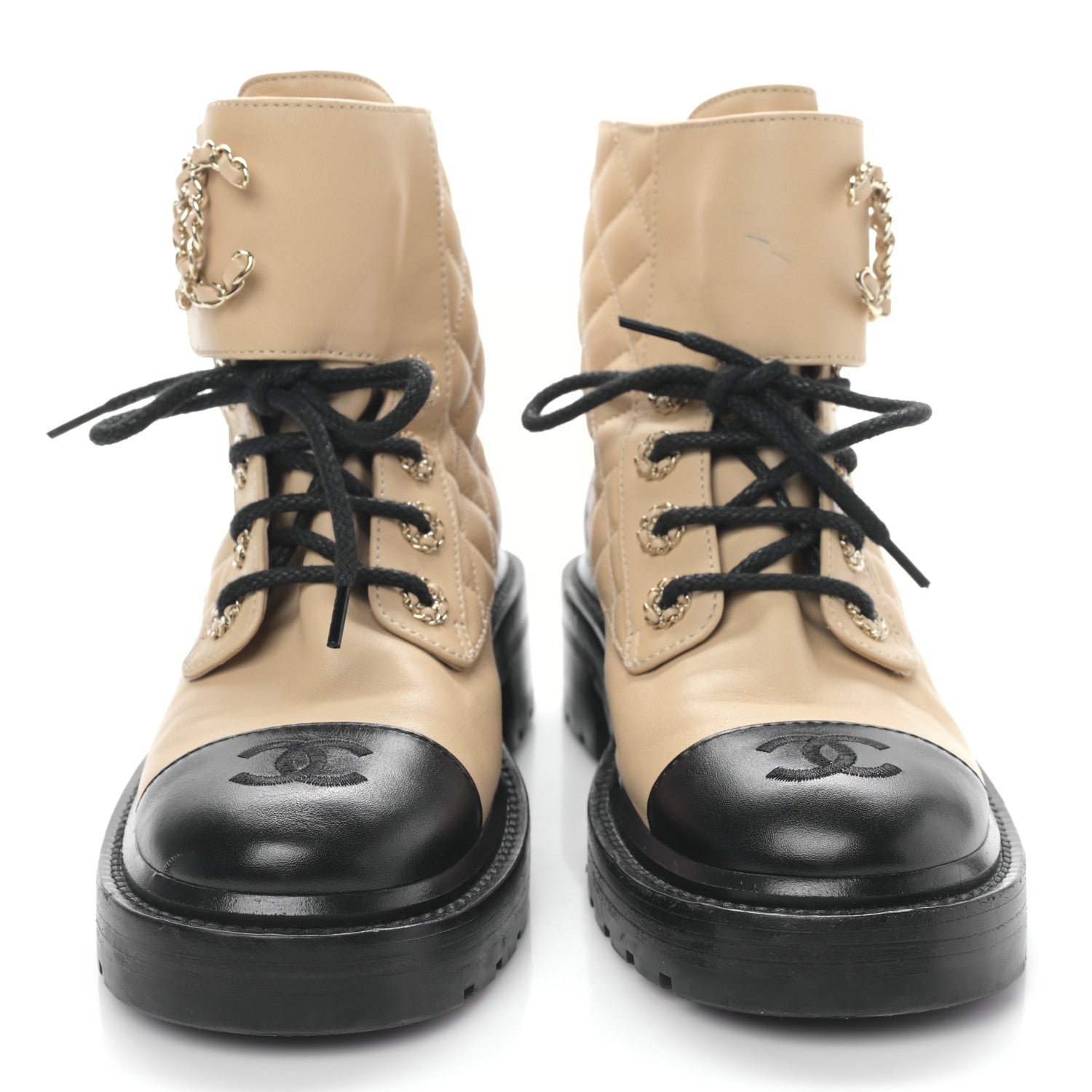Chanel Lambskin Calfskin Quilted Lace Up Combat Boots 35.5 Beige Black 2 of 8