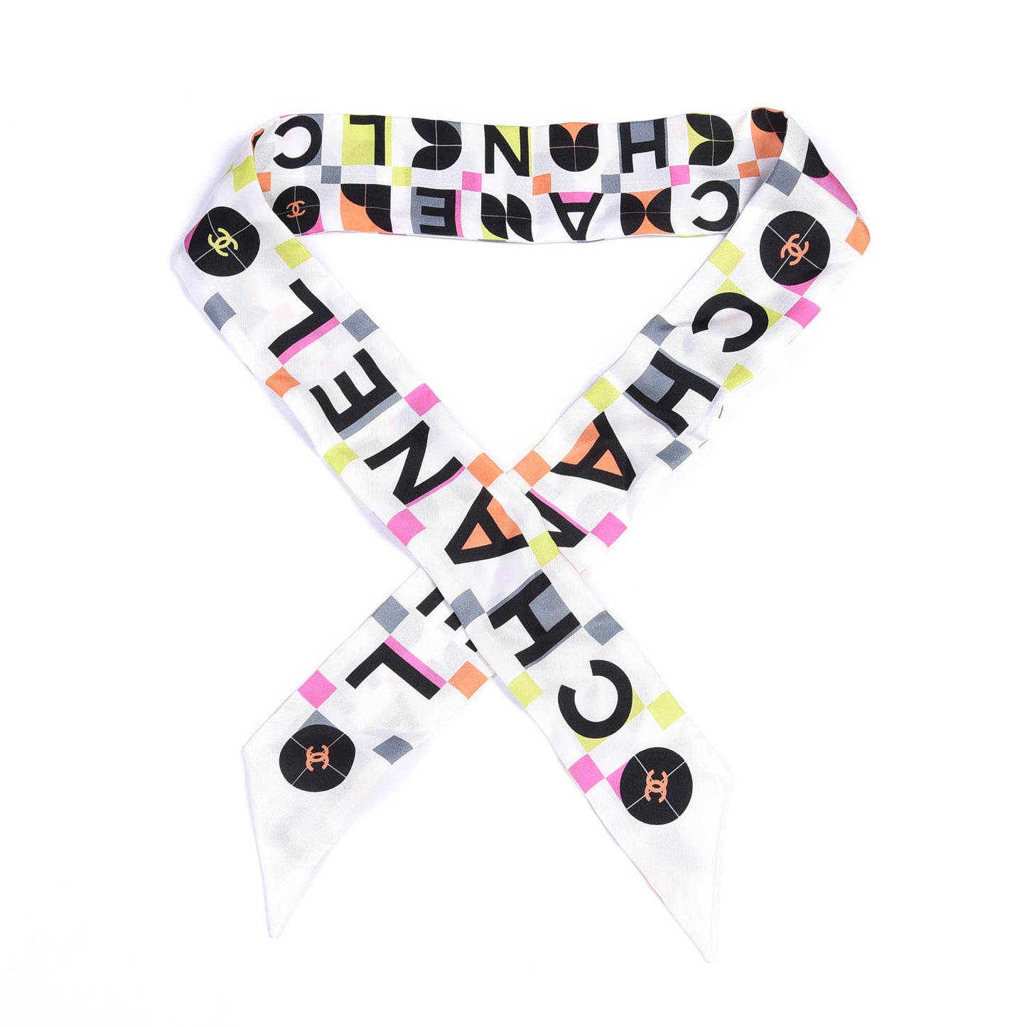 Silk Logo Slim Bandeau Scarf White Black Orange