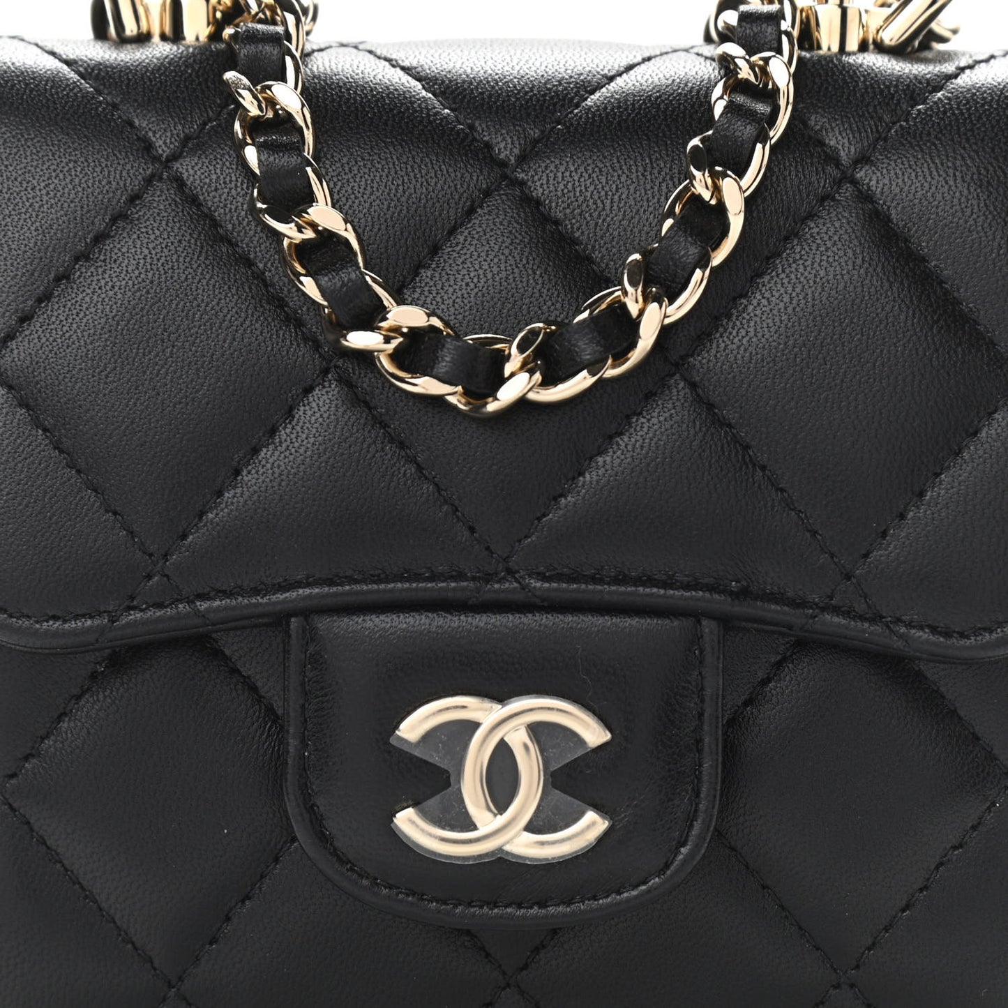 Lambskin Quilted Top Handle Flap Clutch With Chain Black
