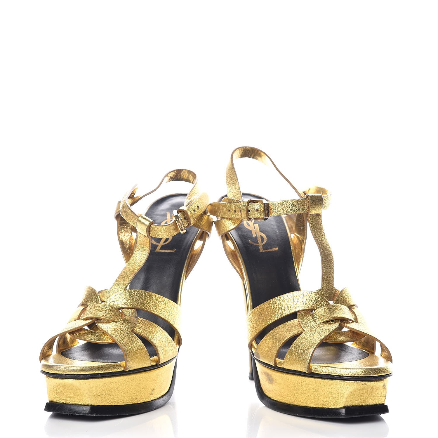 Saint Laurent Metallic Crackled Calfskin Tribute 105 Platform Sandals 37 Black Gold 6 of 18