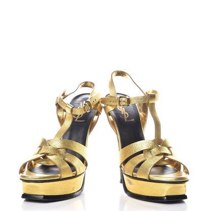 Saint Laurent Metallic Crackled Calfskin Tribute 105 Platform Sandals 37 Black Gold 6 of 18