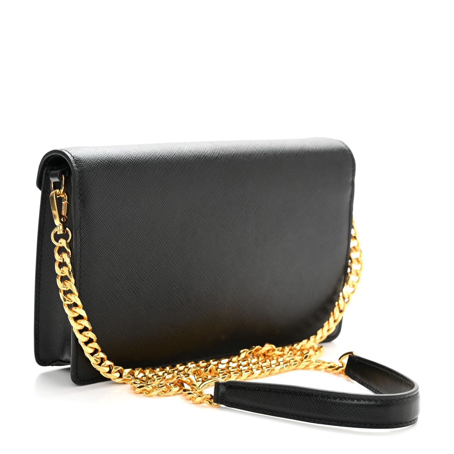 Saffiano Lux Metal Triangle Logo Mini Envelope Chain Shoulder Bag Black