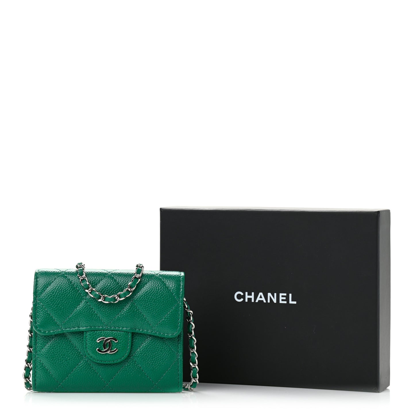 Caviar Quilted Flap Card Holder On Chain Green