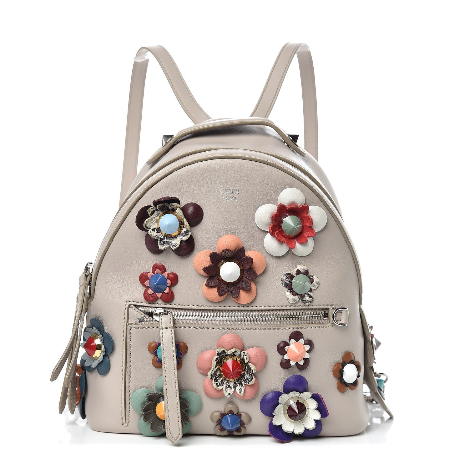 Fendi Vitello Dolce Flowerland Studded Mini Backpack Grigio Polvere Multicolor 2 of 11