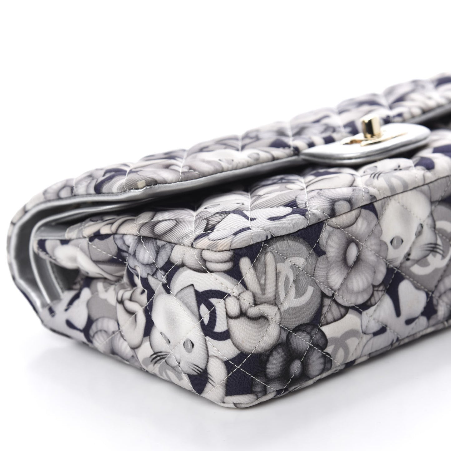 Nylon Quilted Medium Cat Emoticon Double Flap Navy Grey Ecru
