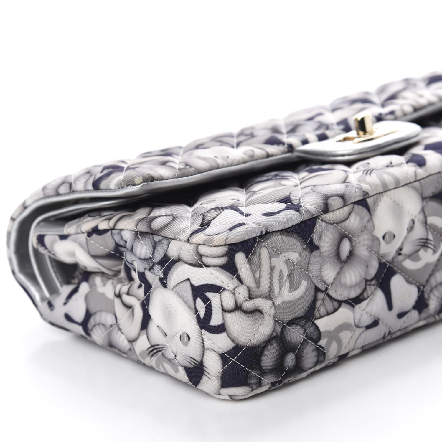 Chanel Nylon Quilted Medium Cat Emoticon Double Flap Navy Grey Ecru 6 of 12