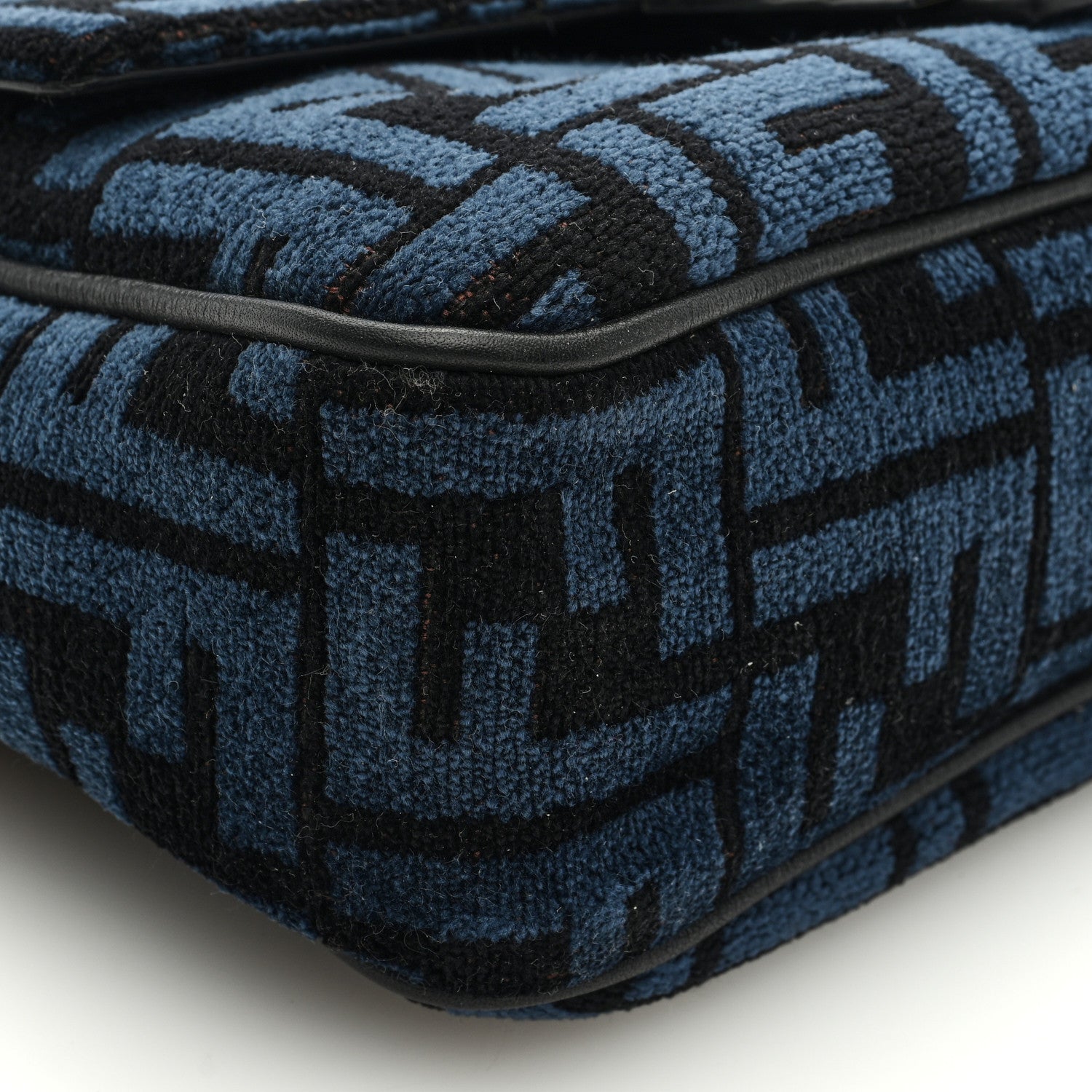 Fendi Chenille Vitello Seta FF Midi Chain Baguette Blue Black