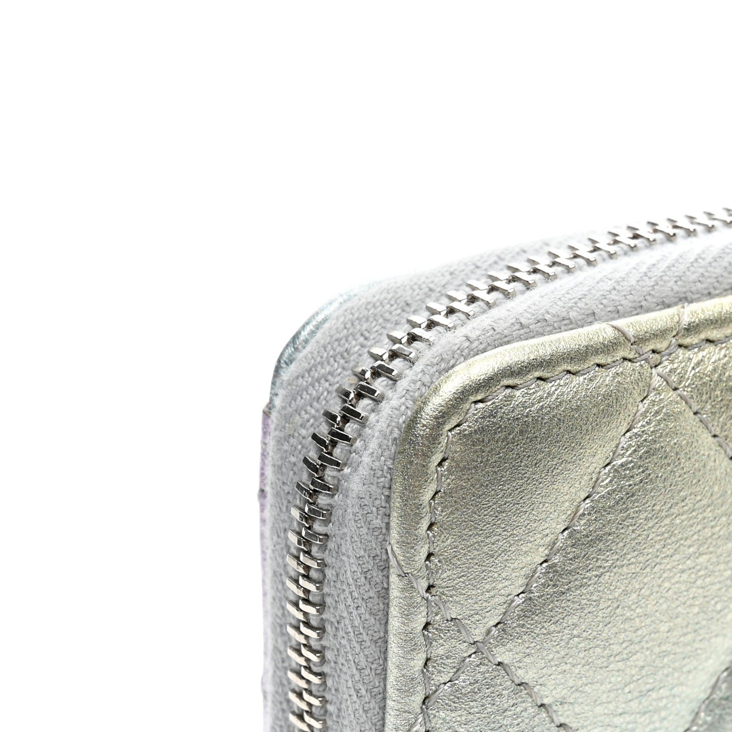 Gradient Metallic Calfskin Quilted Zip Around Coin Purse Wallet Silver Blue Yellow Purple