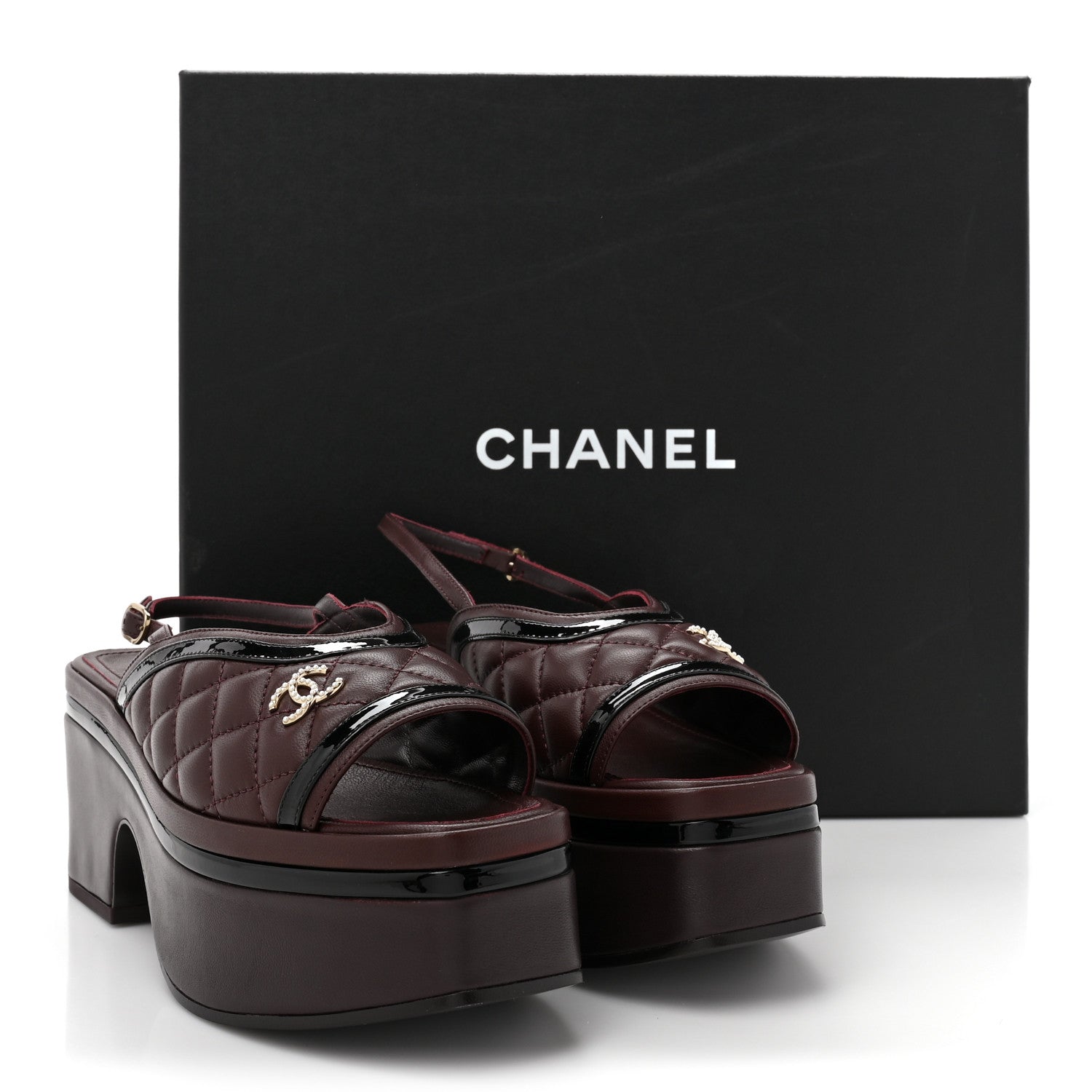 Chanel Lambskin Patent Calfskin Quilted CC Platform Slingback Sandals 36 Burgundy Black 9 of 9