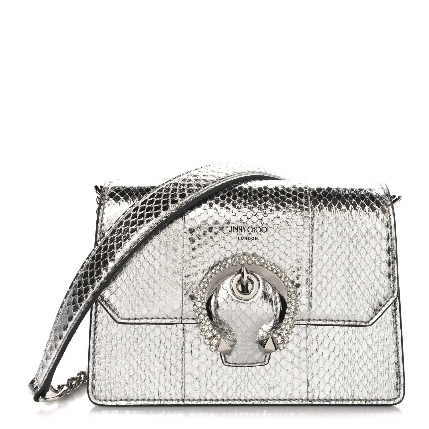 Jimmy Choo Metallic Calfskin Snakeskin Embossed Madeline Crossbody Bag Silver 1 of 13