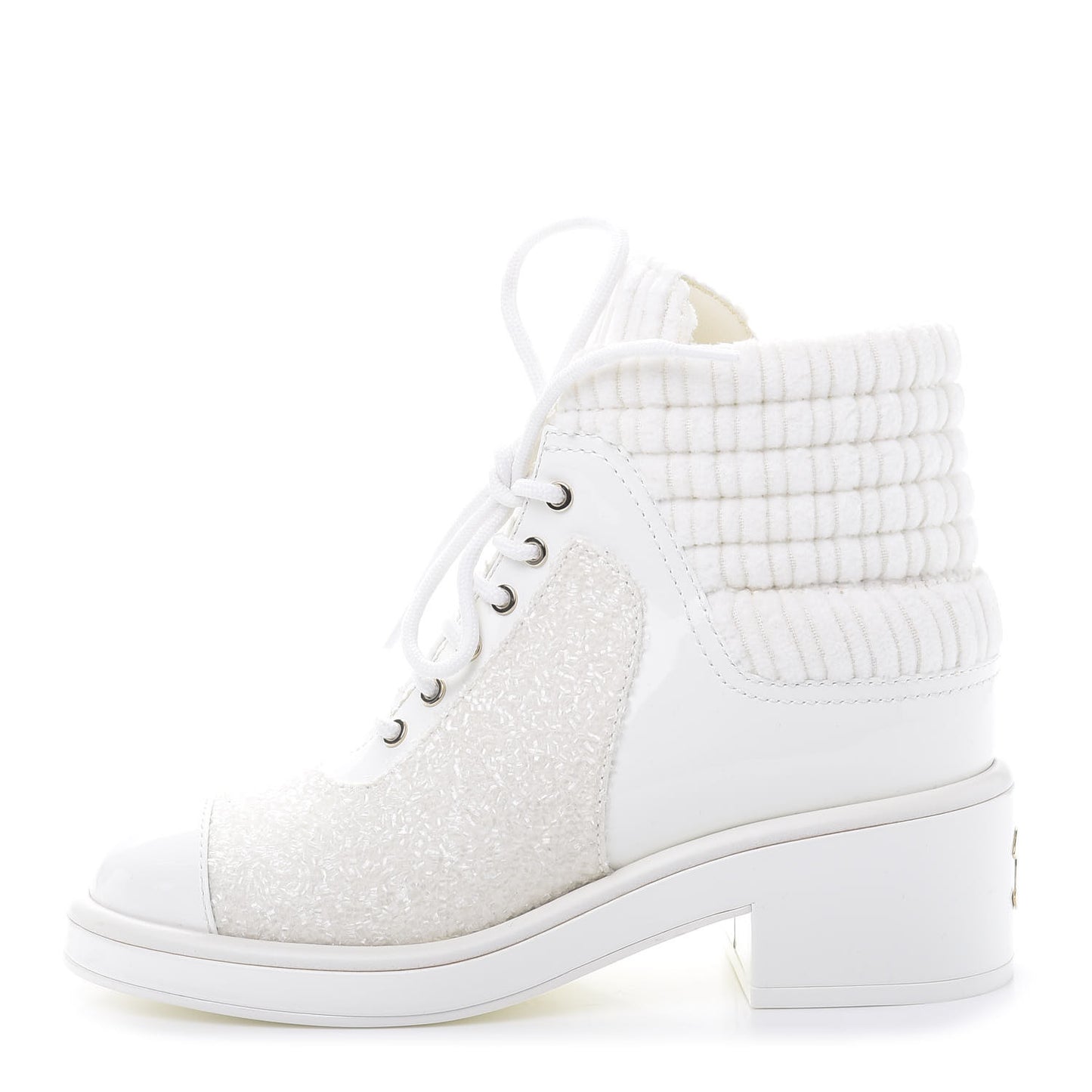 Tweed Patent Calfskin Velvet Lace Up Boots 37 White