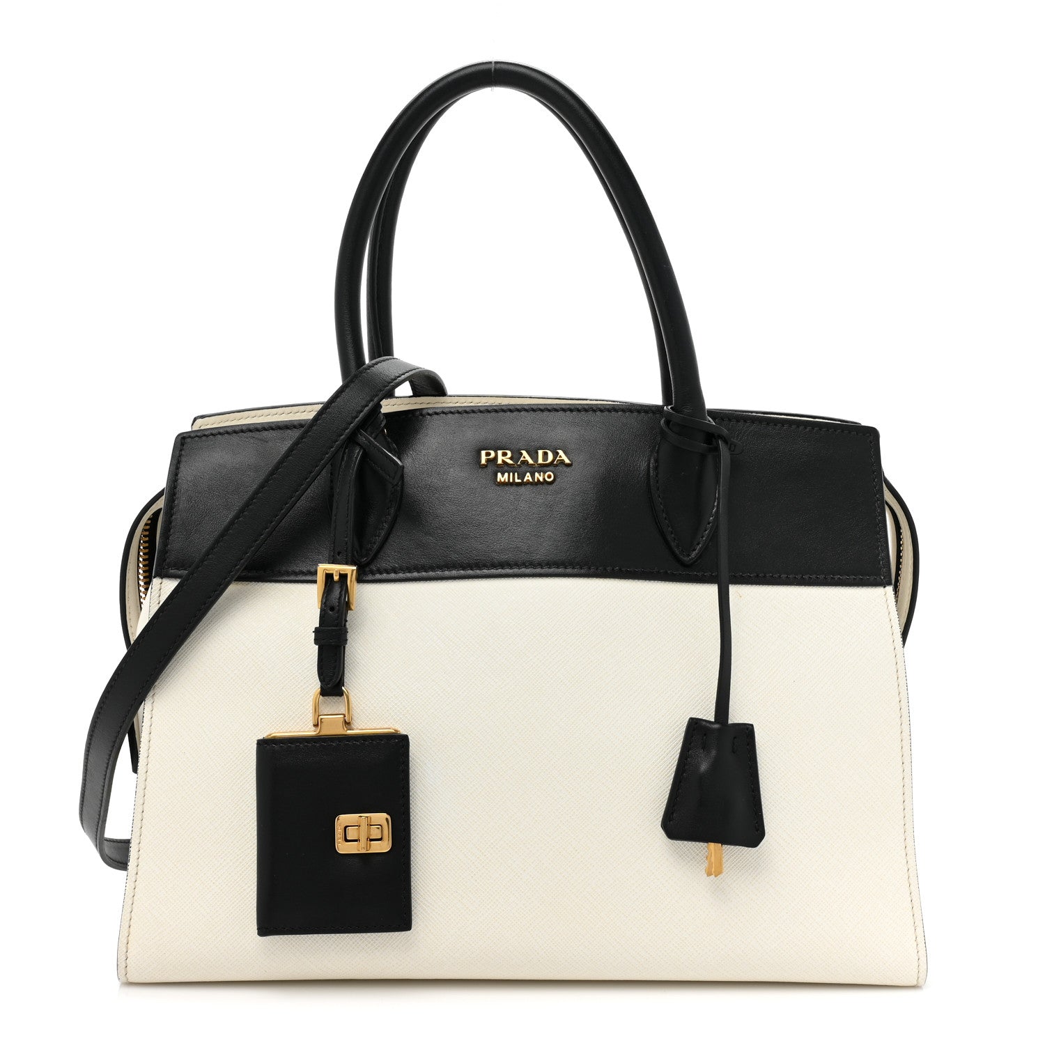 Prada Saffiano City Calfskin Medium Esplanade White Black 1 of 8