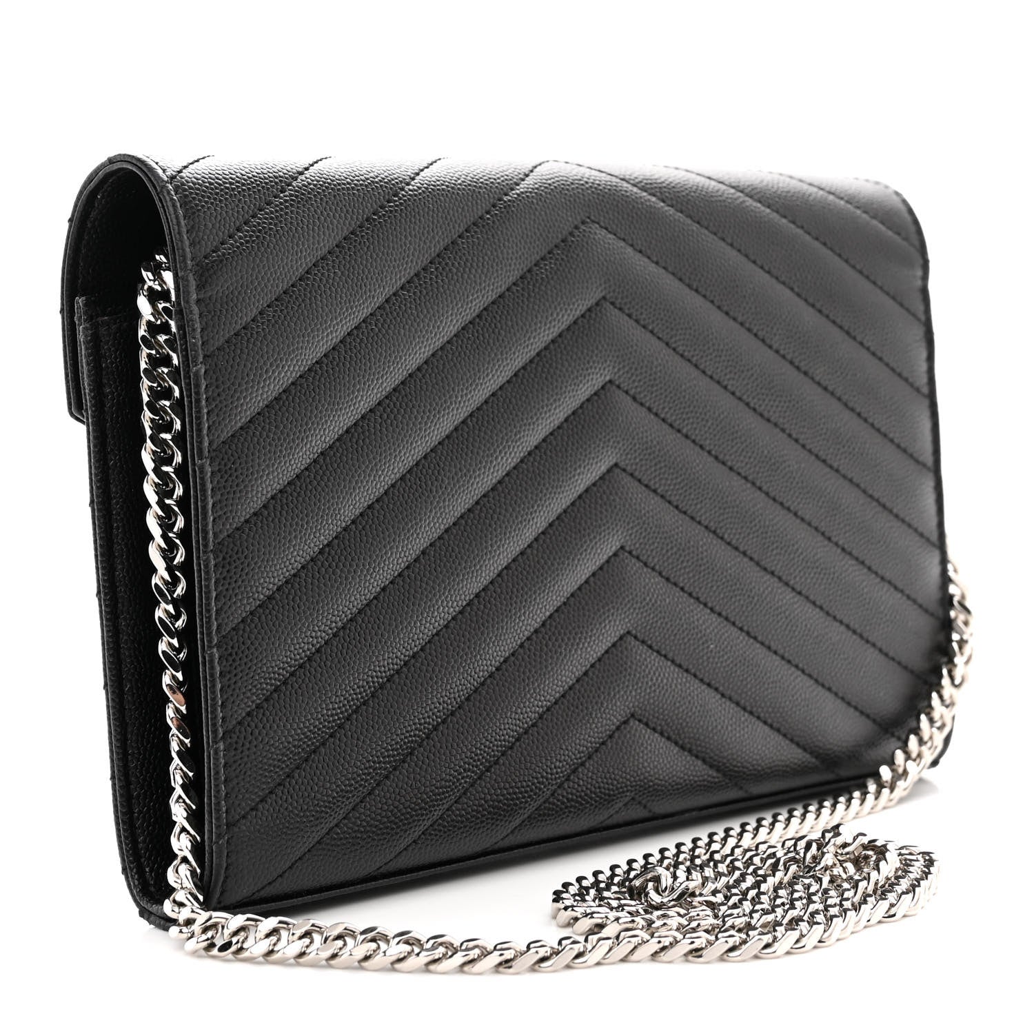 Saint Laurent Grain De Poudre Matelasse Chevron Monogram Chain Wallet Black 3 of 14