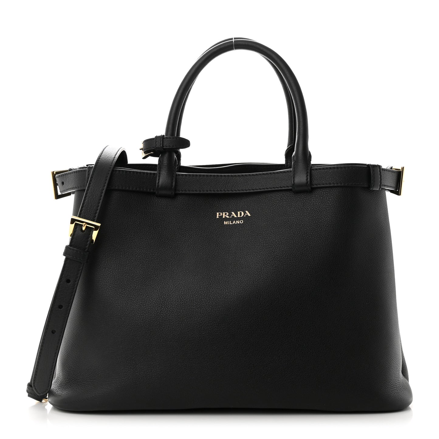Soft Grain Calfskin Medium Double Belt Tote Black