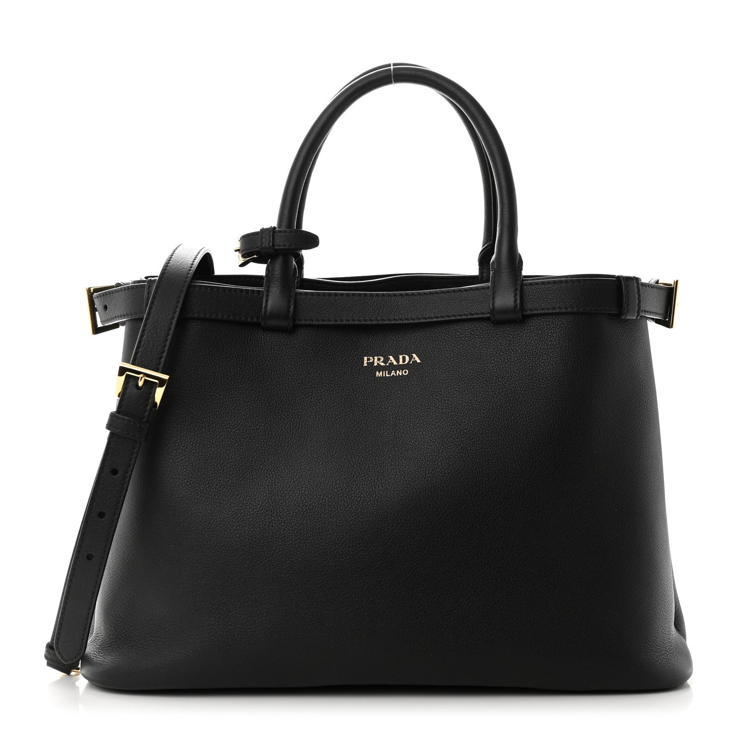 Prada Soft Grain Calfskin Medium Double Belt Tote Black 1 of 9